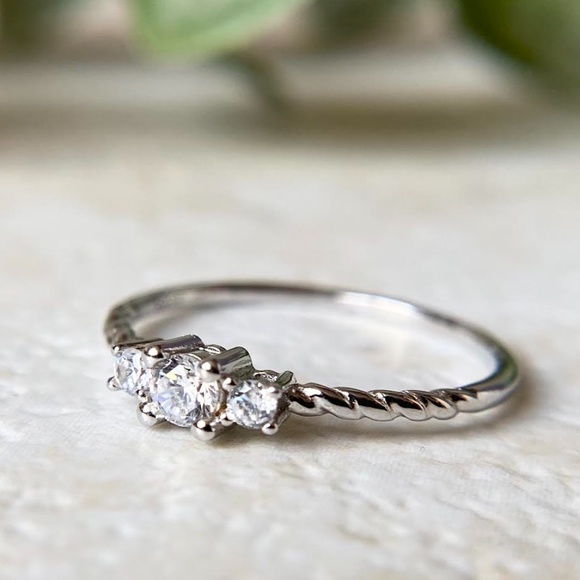 Dainty 925 Sterling Silver Minimalist Ring Stackable Statement Silver CZ Ring - Picture 2 of 4